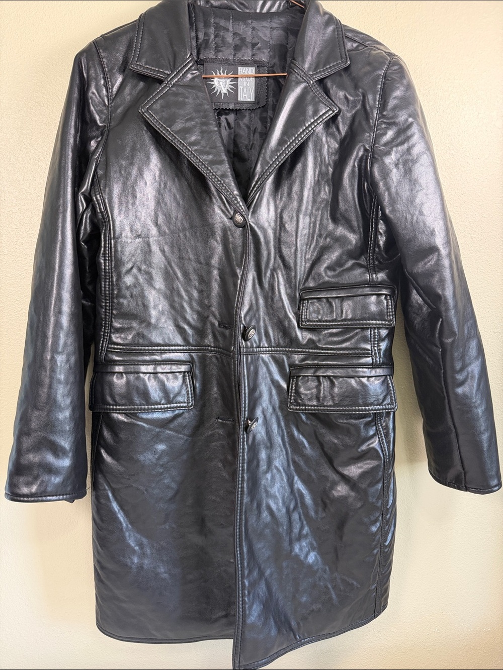 G Versace black Leather Long Coat - Women’s Classic Button-Front Jacket